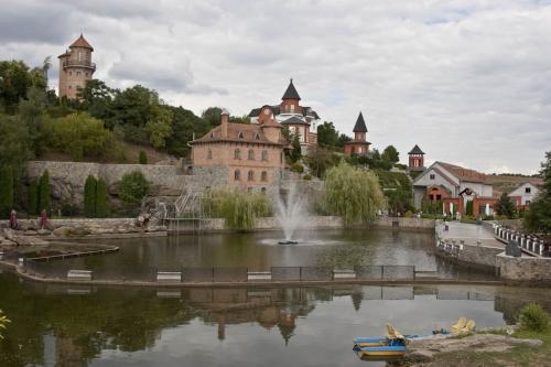 View of the park complex from the frog sculptures