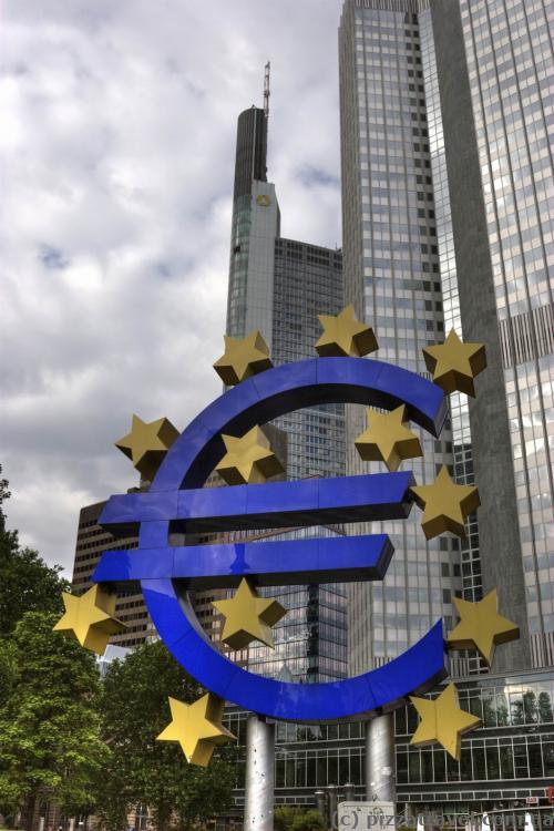 Huge Euro sign near the European Central Bank